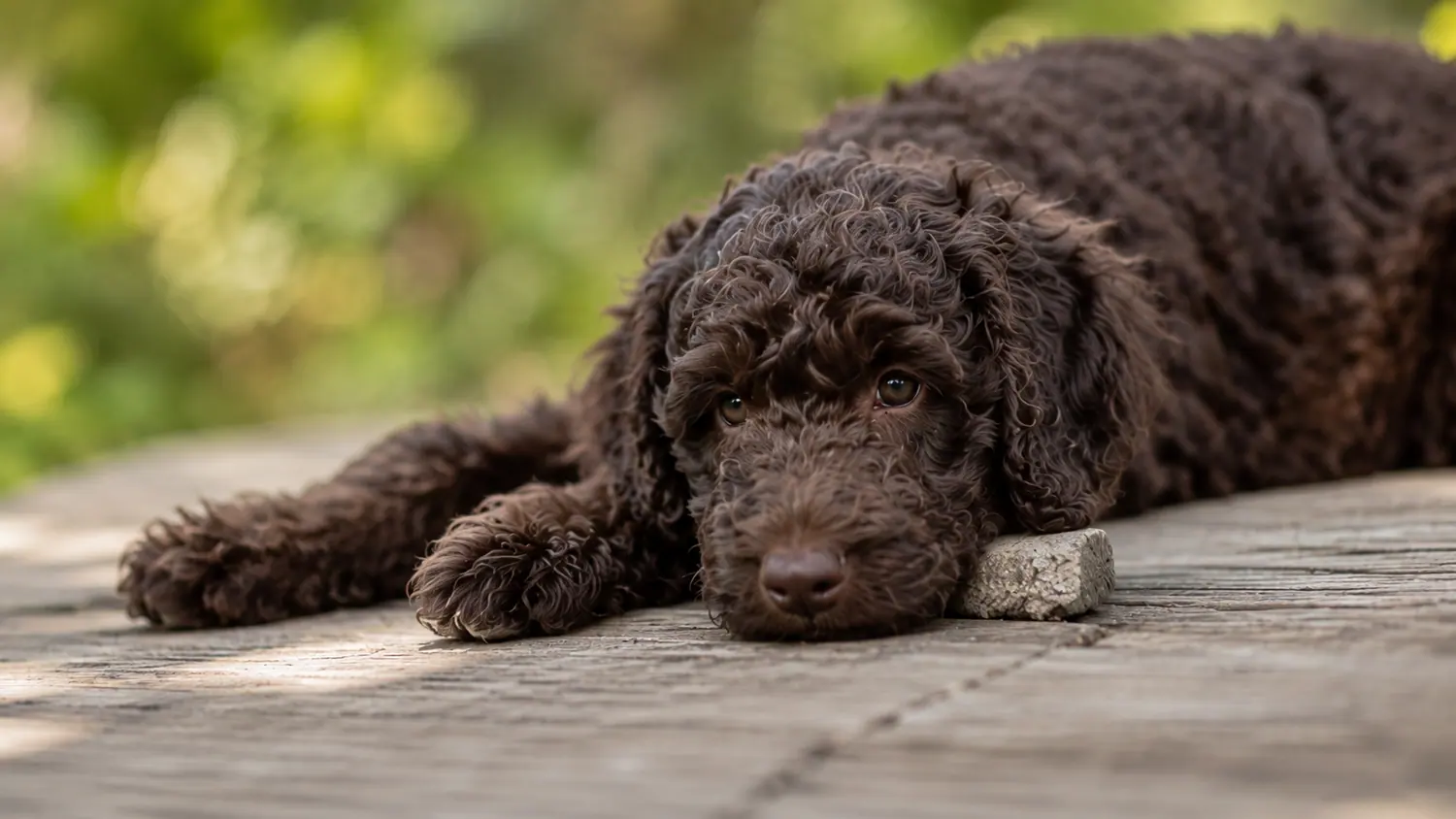 Cachorro de Australian Cobberdog chocolate tumbado con la cabeza apoyada sobre unos tablones de madera