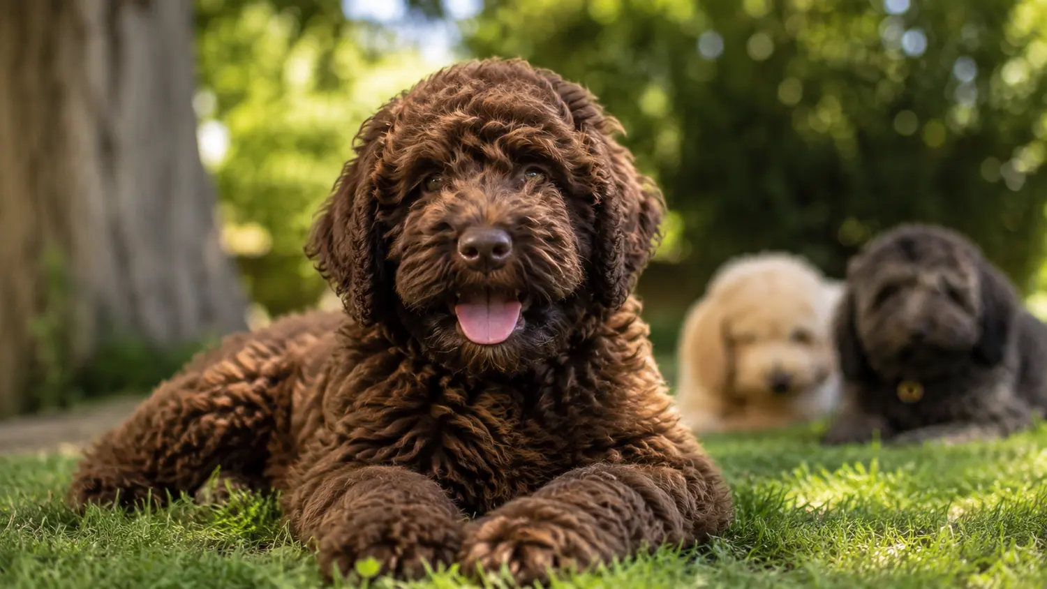 Cachorro de Australian Cobberdog chocolate tumbado en el césped con dos compañeros desenfocados al fondo