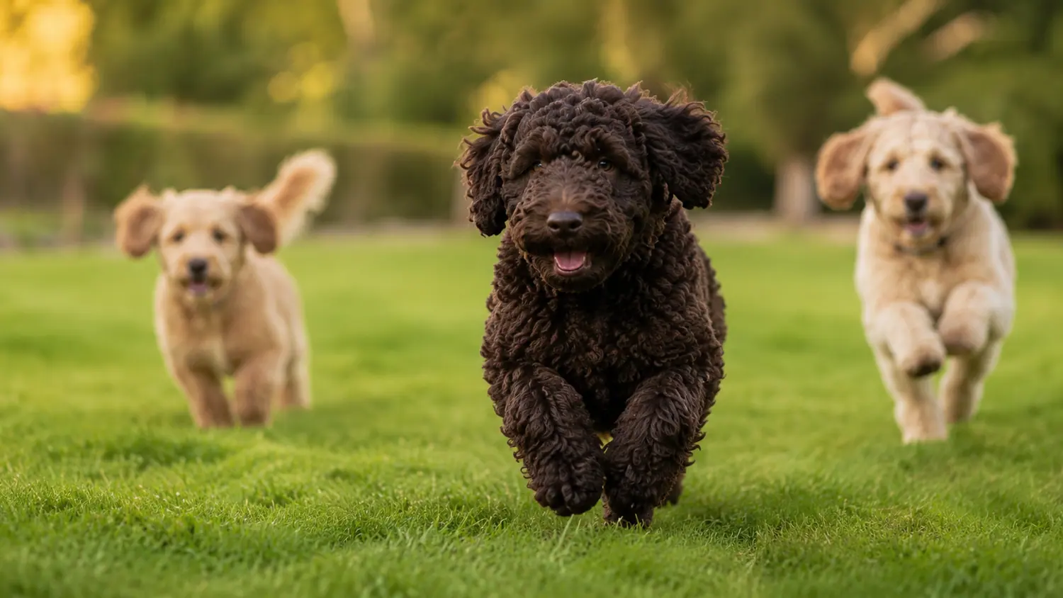 Tres cachorros de Australian Cobberdog corriendo de frente por el césped de un jardín