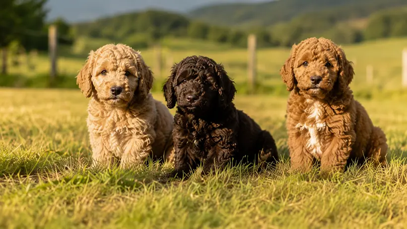 Tres cachorros de Australian Cobberdog crema, negro y rojo sentados en un prado con luz de atardecer