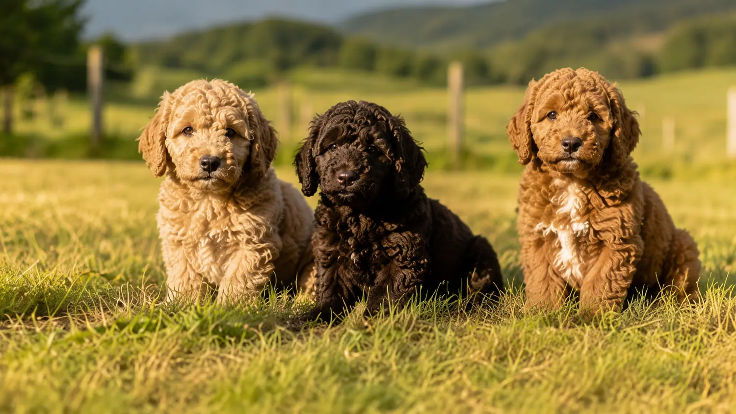 Tres cachorros de Australian Cobberdog crema, negro y rojo sentados en un prado con luz de atardecer