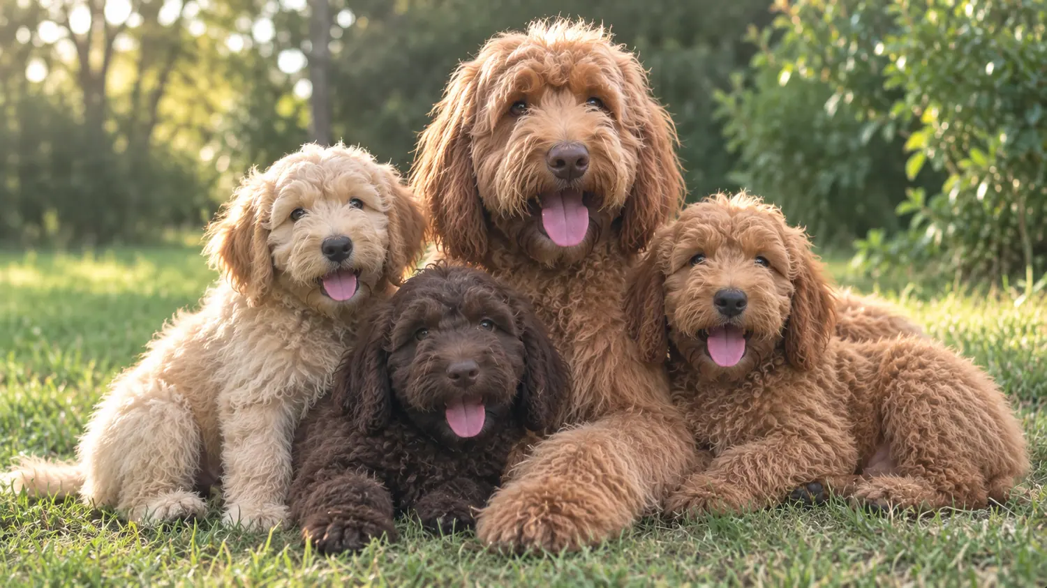 Australian Cobberdog adulta de color rojo tumbada en el césped con tres de sus cachorros a contraluz