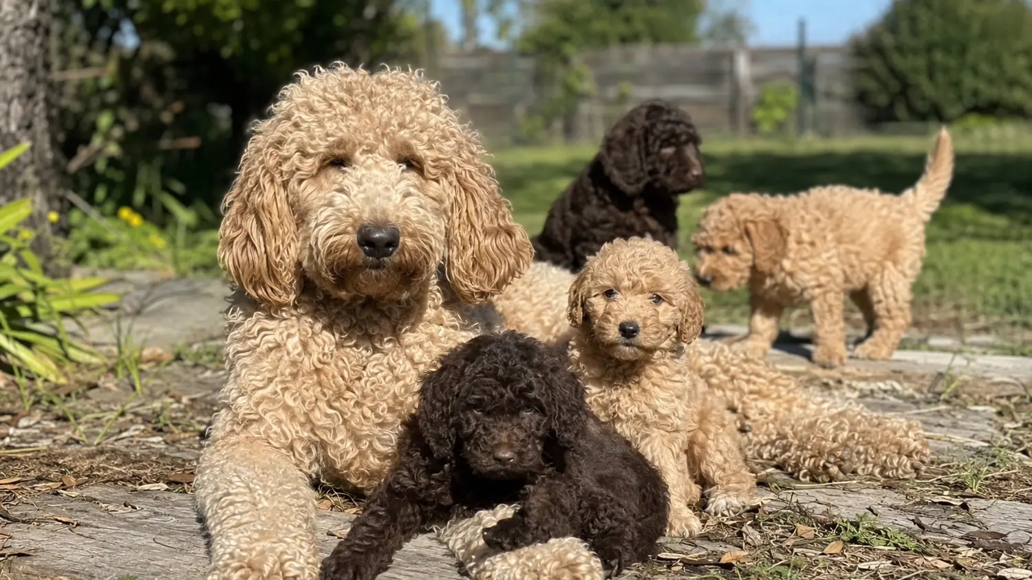 Australian Cobberdog adulta de color albaricoque tumbada al sol rodeada de cuatro cachorros de su camada
