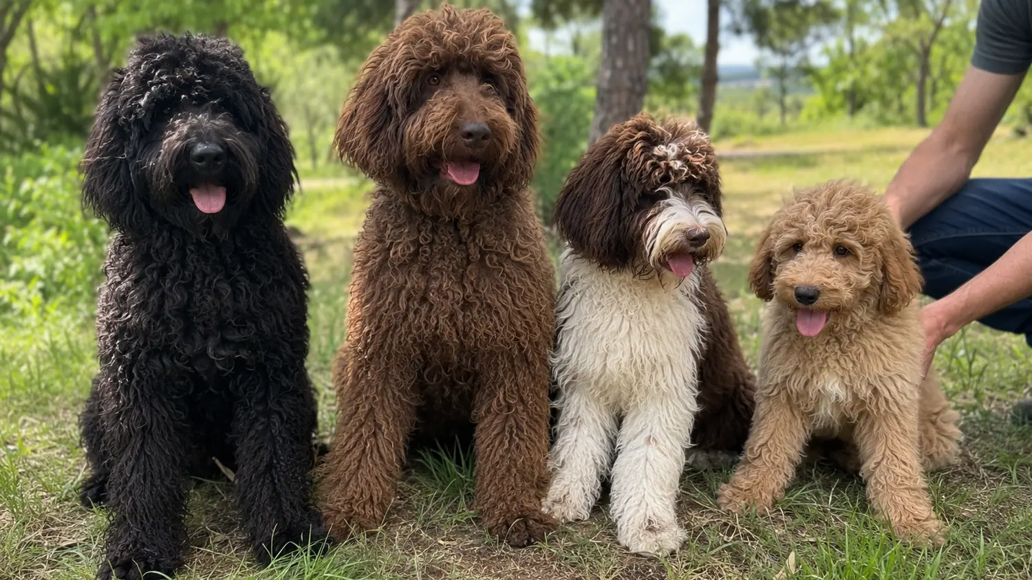 Cuatro Australian Cobberdog de distinto tamaño sentados en fila, del adulto más grande al cachorro más pequeño