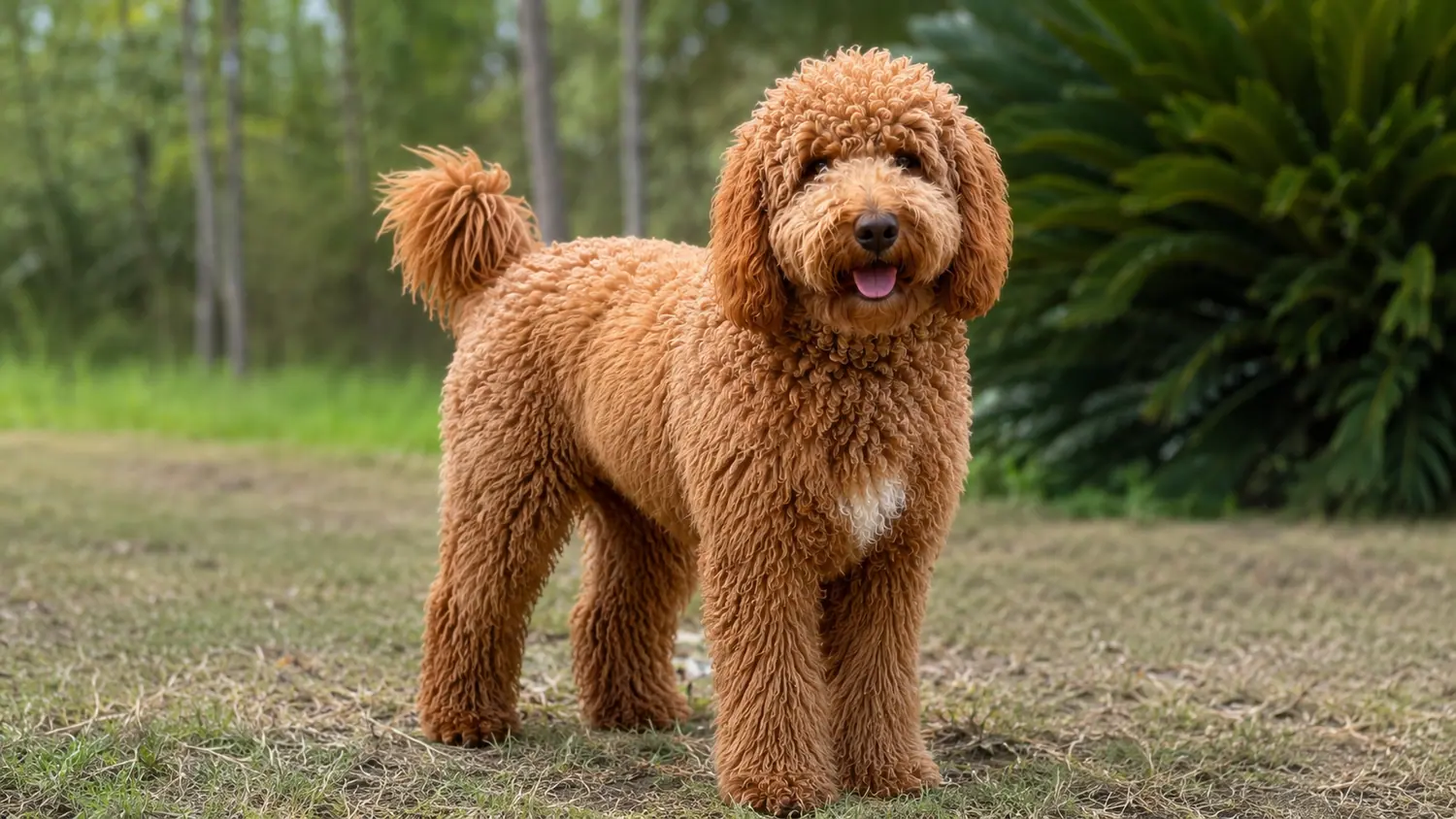 Australian Cobberdog adulto de color rojo de pie sobre la hierba junto a una planta de gran porte