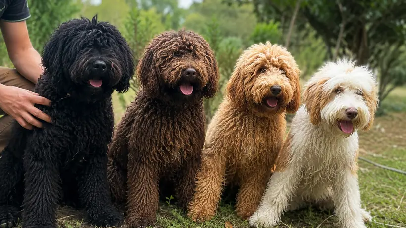 Cuatro Australian Cobberdog adultos sentados en fila mientras una mano acaricia al ejemplar negro