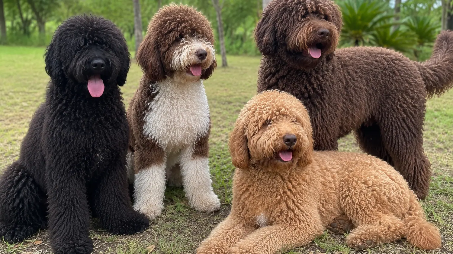 Cuatro Australian Cobberdog adultos negro, chocolate, bicolor y rojo reunidos sobre la hierba de un jardín