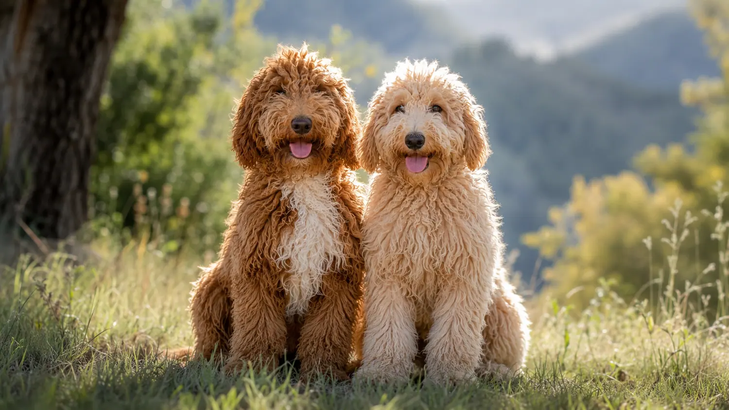 Dos Australian Cobberdog adultos, rojo y crema, sentados en la hierba con luz dorada y montañas al fondo