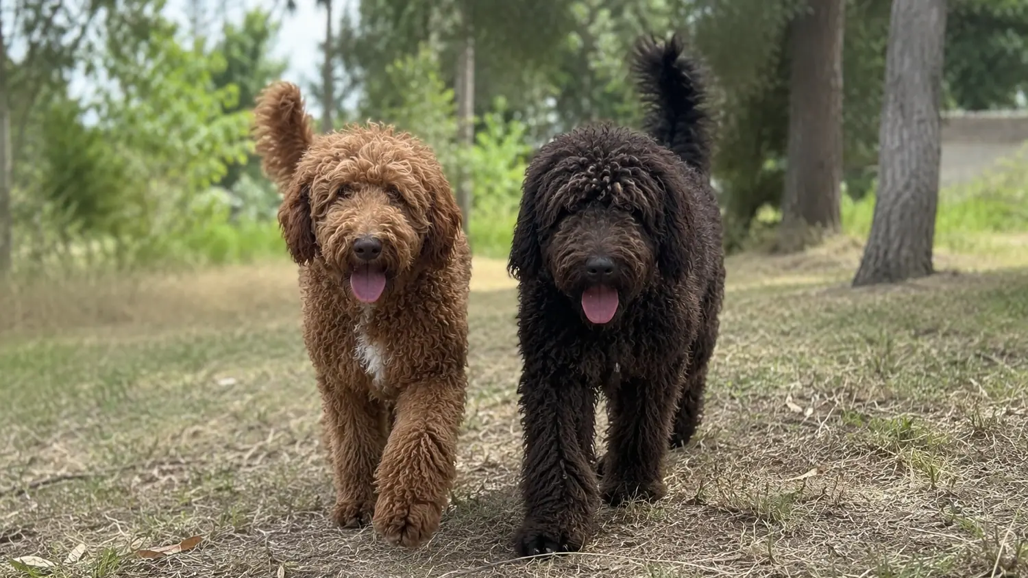 Dos Australian Cobberdog adultos, uno rojo y otro negro, caminando juntos por un camino entre árboles