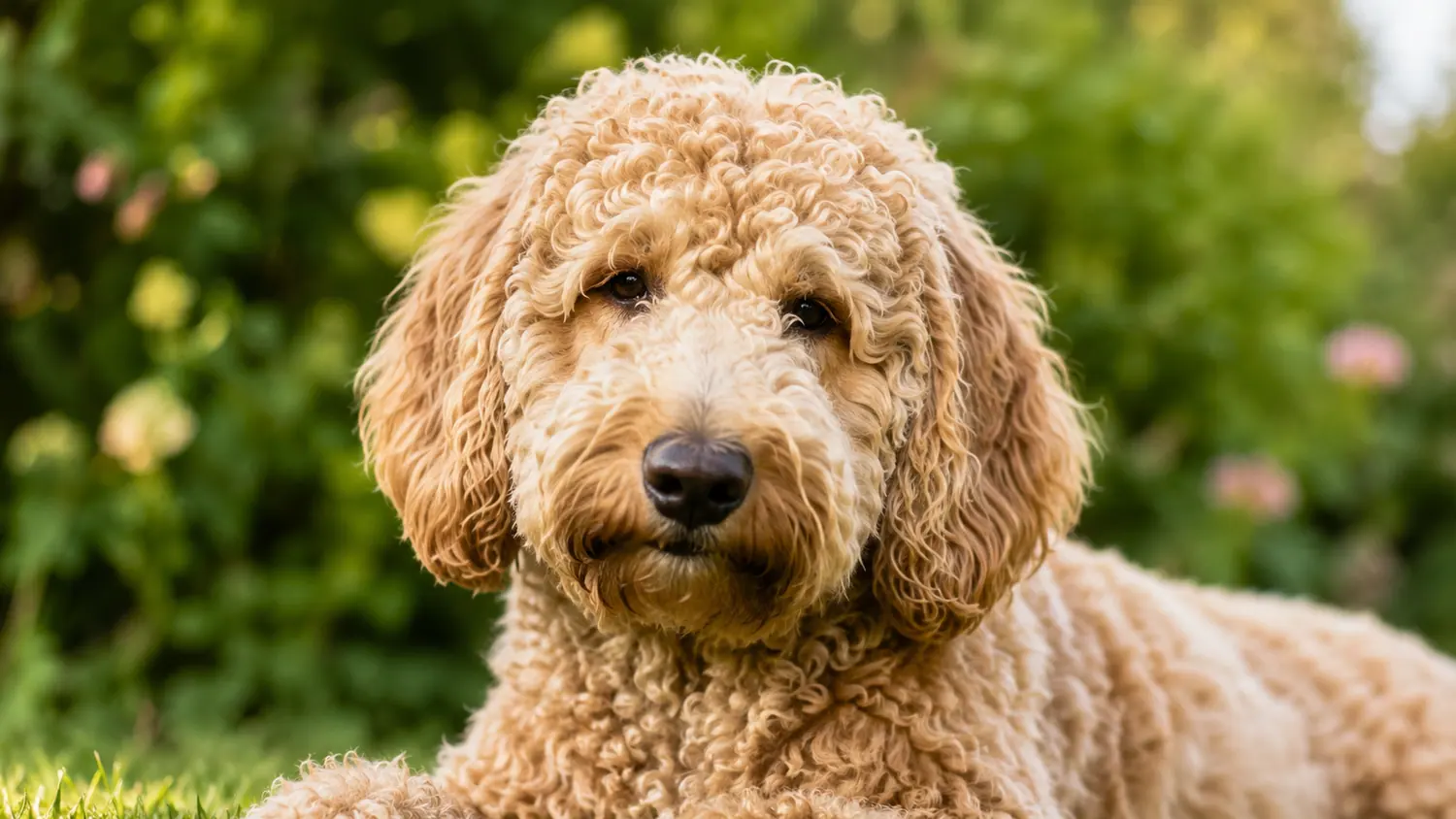 Retrato de un Australian Cobberdog adulto albaricoque en el que se aprecia el rizo denso de su manto