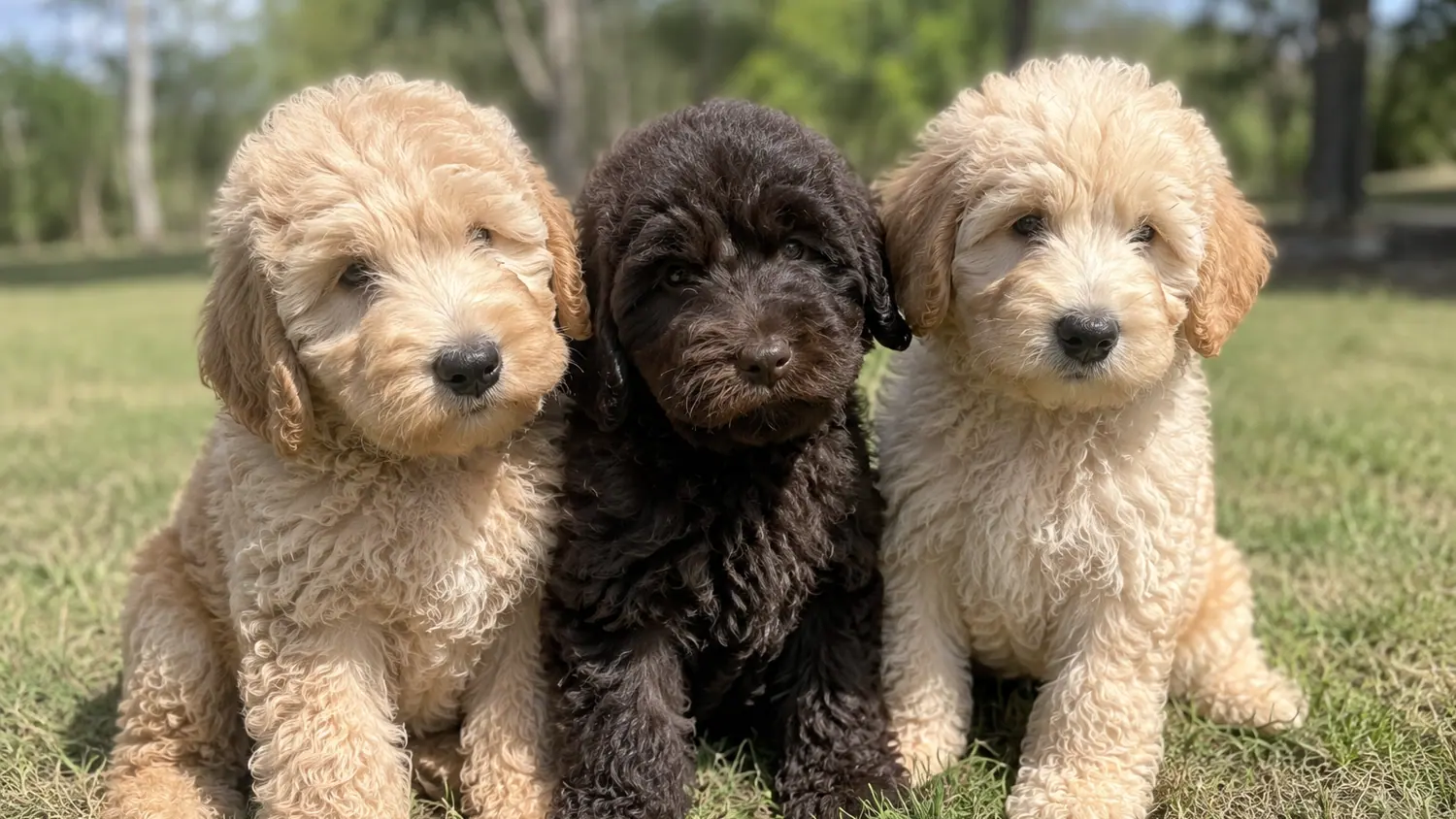 Tres cachorros de Australian Cobberdog crema y chocolate sentados juntos sobre el césped
