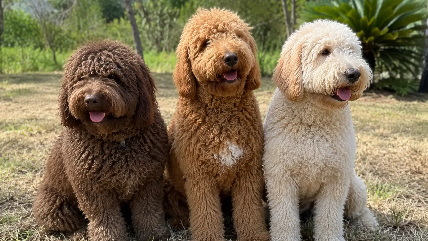 Tres Australian Cobberdog adultos de color chocolate, rojo y crema sentados en fila sobre la hierba