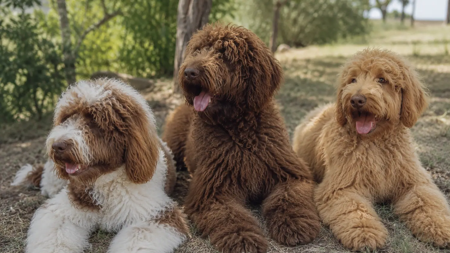 Tres Australian Cobberdog adultos descansando tumbados a la sombra de unos árboles