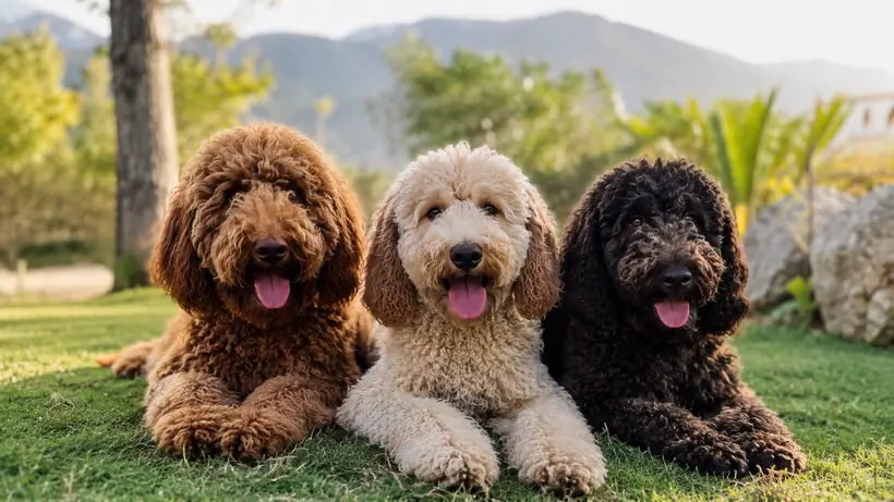 Tres Australian Cobberdog adultos tumbados sobre el césped con la montaña al fondo