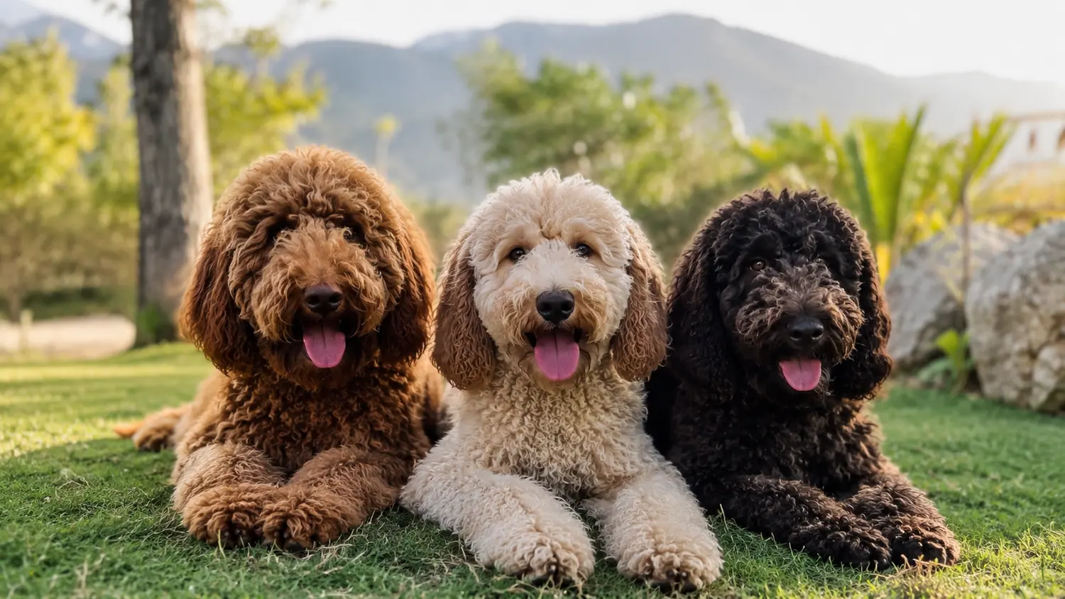 Tres Australian Cobberdog adultos tumbados sobre el césped con la montaña al fondo