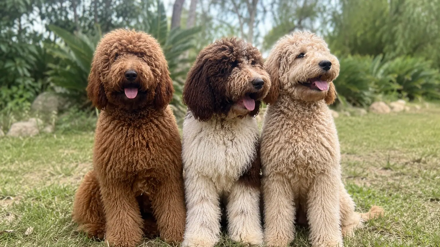 Tres Australian Cobberdog adultos sentados juntos sobre el césped de un jardín con vegetación mediterránea